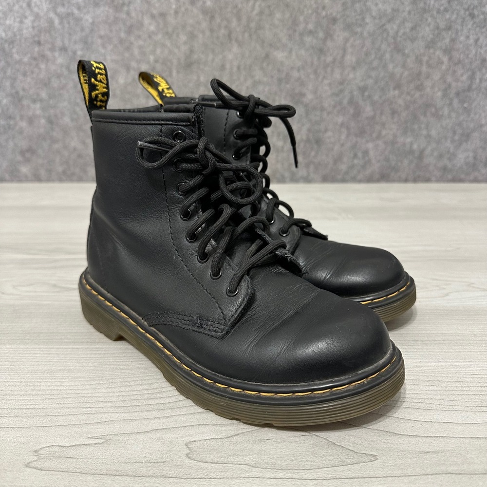 Dr. Martens 1460 J Boots Kids Size 2 Black Leather Lace Up Side Zip Combat Boots